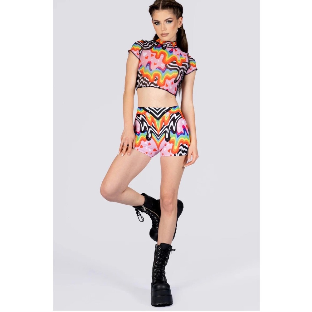 Devil Walking Rave Set Women Pink Rainbow Mesh NEW Crop Top XL Booty Shorts XXL